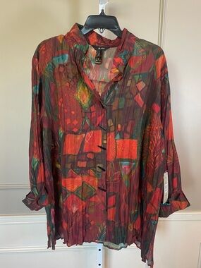 Ali Miles NWT 3X Button Down Blouse Shirt Top Crinkle Wire Collar Abstract Red